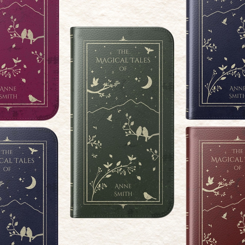 Personalized Book Wallet Phone Case Vegan Leather Phone Case Book Lover Gift Vintage Antique - iPhone 16 15 14 13 12 11 Pro Plus Max Samsung