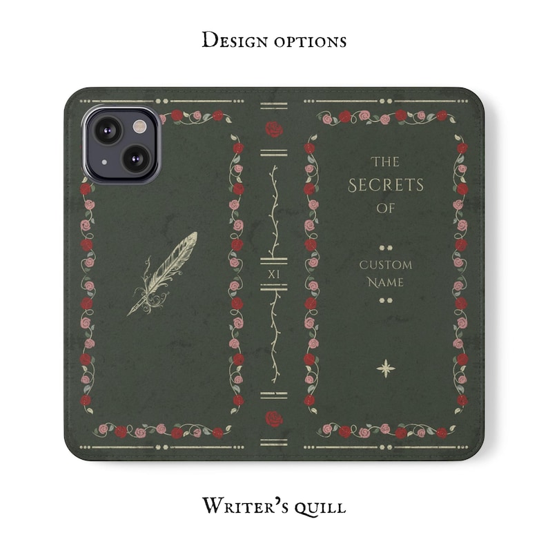 May include: A green phone case with a floral design and the text "The Secrets of Custom Name" on the back.