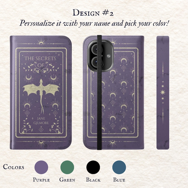 May include: A purple phone case featuring a book design with the text "The Secrets of" and a dragon. The case has a strap and a flap that closes with a magnetic clasp. The case is available in purple, green, black, and blue.