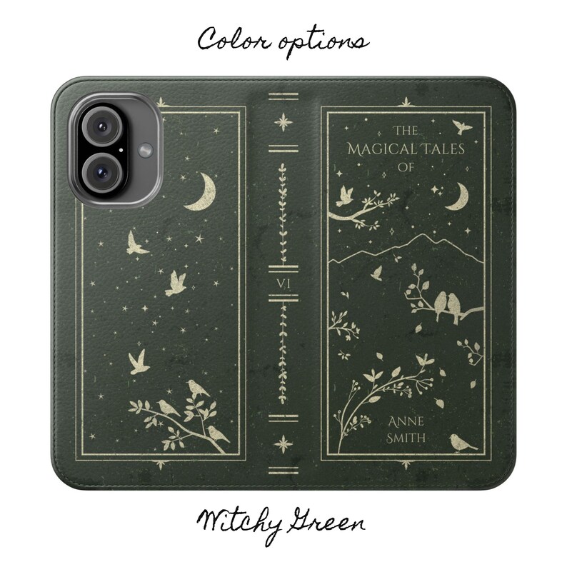May include: A dark green phone case with a book cover design. The cover features the text "The Magical Tales of Anne Smith" and illustrations of birds, stars, and a crescent moon.