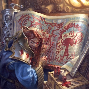 May include: A red-haired man with a beard and a single red eye examines a map with red markings. The map is spread out on a table with a few inkwells and books.