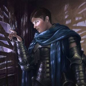 May include: A digital painting of a person in armour looking out of a window. The person is wearing a blue cloak and metallic armour. The artwork has a dark, dramatic atmosphere, with light streaming through the window.