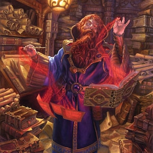 May include: A bearded wizard in a blue robe with gold trim casts a spell from a large, open book. The book is surrounded by stacks of books and scrolls in a dimly lit room.