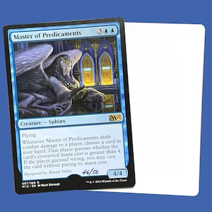 May include: A blue and black Magic: The Gathering card featuring a creature called "Master of Predicaments". The card has a sphinx with wings and a crown, and the text "Whenever Master of Predicaments deals combat damage to a player, choose a card in your hand. That player guesses whether the card's converted mana cost is greater than 4. If the player guessed wrong, you may cast the card without paying its mana cost."