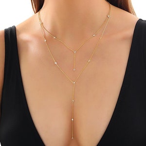 Layered Gold Crystal Y-Drop Lariat Necklace Set, Bridal Jewelry