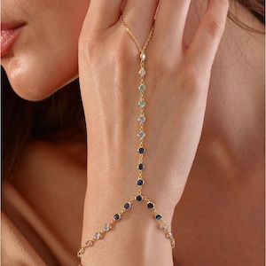 Blue Zircon Hand Chain Bracelet: Sterling Silver Boho Bridal Jewelry