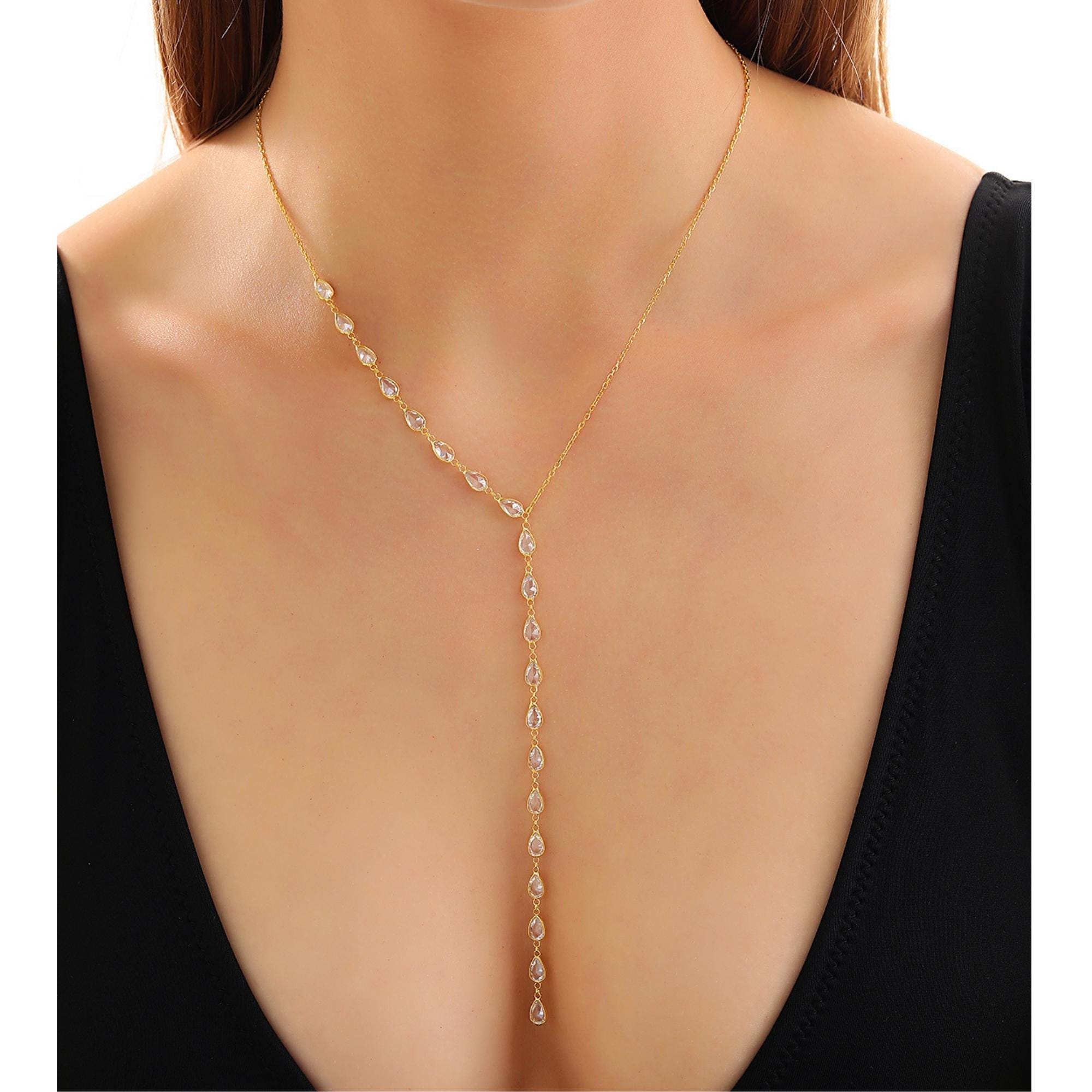 Sterling Silver Lariat Necklace: Dazzling Zircon Y Drop