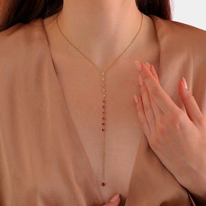Gold Lariat Necklace, Gradient Ruby Gemstone Y Drop, Dainty Sterling Silver Layering Jewelry