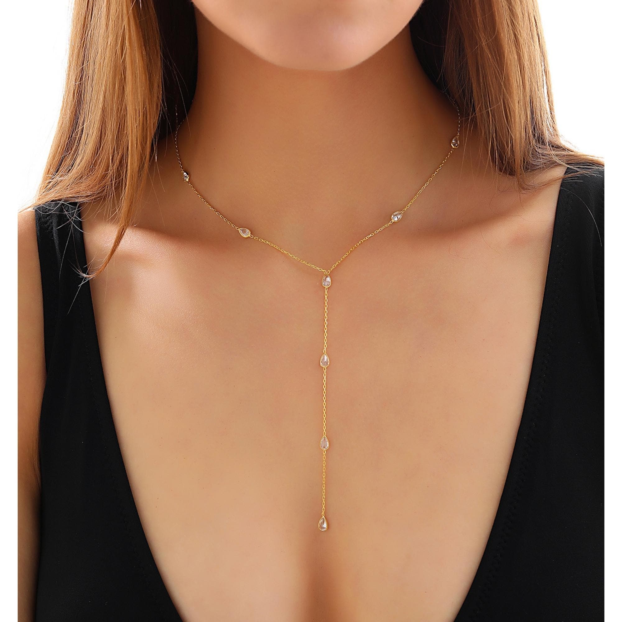 Gold Y Necklace, Teardrop Crystal Lariat, Minimalist Jewelry