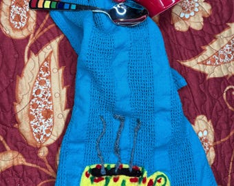 Coffee Kitchen towel, washable dryable bright colors, dish towel,  tea towel, hippie vibe