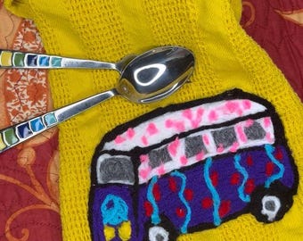 VW Bus Hippie kitchen towel, vintage hippie kitchen towel, VW Bus dish towel