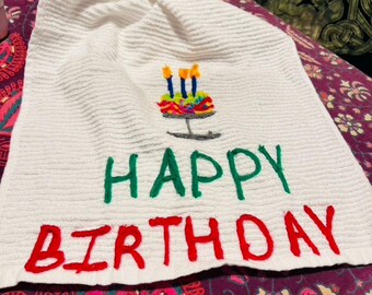 Happy Birthday Kitchen Towel – Handmade Cotton Dish Towel – Bright Colorful Gift – Last Chance Trailer Park® Folk Art– Birthday Hostess Gift