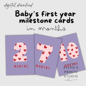 Cartes d'étape mensuelles pour bébé - Violet avec coeurs rouges - Cartes de bébé imprimables - Accessoires de photographie de nouveau-né amusants - Cadeau pour nouveau-né