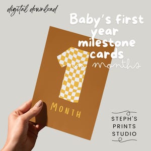 Cartes jaunes jalons bébé - Jalons mensuels imprimables bébé - Accessoires photo amusants pour nouveau-nés - Cadeau pour la première année de bébé - Chiffres à carreaux