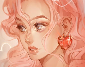 Pink Heart Girl Art Print | Kawaii Romantic Anime Art (5x7, 11x14)