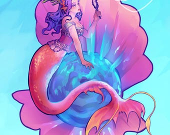 Mirror Mermaid Art Print | Fantasy Anime Wall Art (5x7, 11x14)