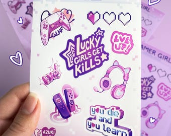 Gamer Girl Sticker Sheet | Kawaii Gaming Laptop Journal Planner Stickers 4x6