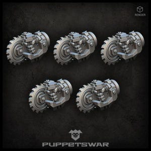 May include: Five gray, mechanical miniature components with circular saw blades and detailed, angular housings. The components are arranged on a dark background. The word "RENDER" is in the top right corner. The Puppetswar logo and text are at the bottom.
