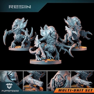 Peut inclure: Ensemble de figurines en résine grises représentant des créatures extraterrestres avec des griffes acérées et des expressions menaçantes. Les créatures sont sur des socles texturés. Le mot "RESIN" est en haut.