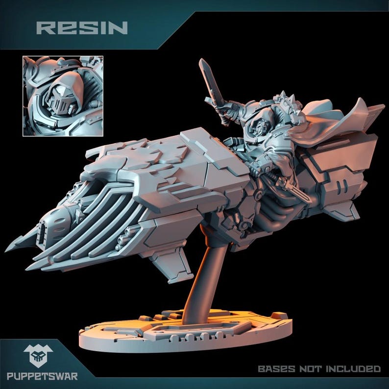 May include: A grey resin model of a futuristic spaceship with a rider. The spaceship has a long, pointed nose and a large, flat wing. The rider is wearing a hooded cloak and holding a sword. The model is on a base and the text "RESIN" is visible in the top left corner. The text "BASES NOT INCLUDED" is visible in the bottom right corner.