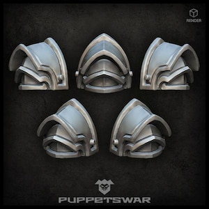 May include: Five silver-coloured metal shoulder pads with a layered design. The shoulder pads are arranged in a semi-circle on a black background.