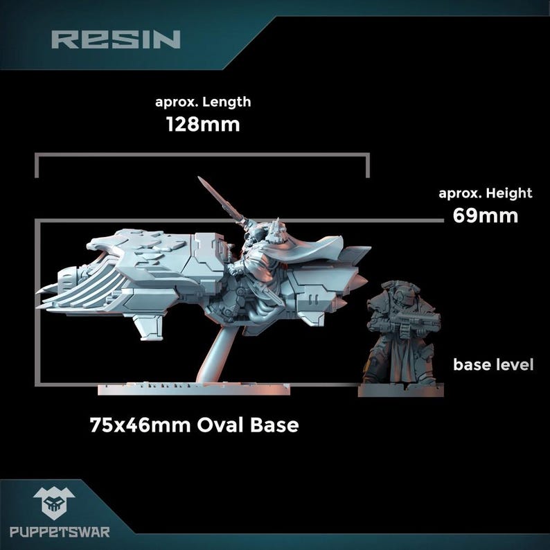 May include: A grey resin model of a futuristic spaceship with a pilot figure. The spaceship is 128 mm long and 69 mm high. It sits on a 75x46 mm oval base.