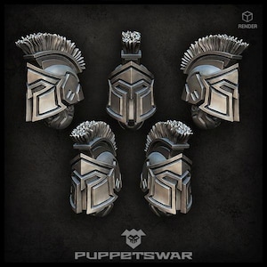 May include: A set of silver-toned Spartan helmet designs and pendants. The helmets have a detailed crest and geometric face. The image includes the text "RENDER" and the logo and text "PUPPETSWAR".