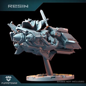 May include: A grey resin model of a futuristic spaceship with a rider holding a sword. The spaceship has a pointed nose and two large engines on the side. The model is on a circular base with a stand.