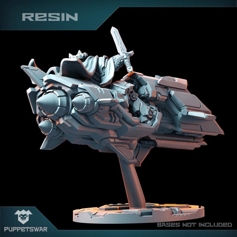 May include: A grey resin model of a futuristic spaceship with a rider holding a sword. The spaceship has a pointed nose and two large engines on the side. The model is on a circular base with a stand.