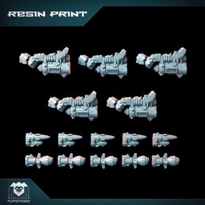 May include: A set of 3D printed resin models of futuristic spaceships. The models are in various sizes and shapes, with detailed designs and intricate details. The models are printed in a light gray color.