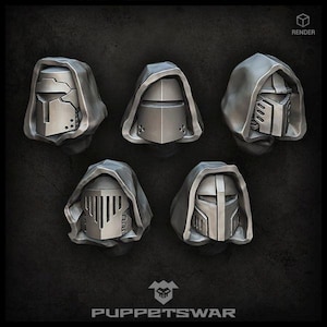 Peut inclure: Cinq figurines à capuche imprimées en 3D avec différents designs de casques. Les figurines sont grises et ont une surface texturée. Les figurines sont disposées en demi-cercle sur un fond gris.