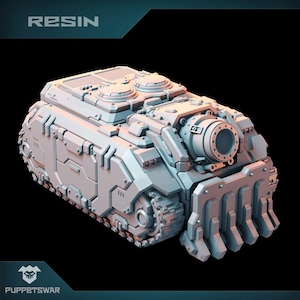 May include: A gray, detailed, futuristic tank model with a large cannon and a front plow. The model is made of resin and is labeled "RESIN" on the top.