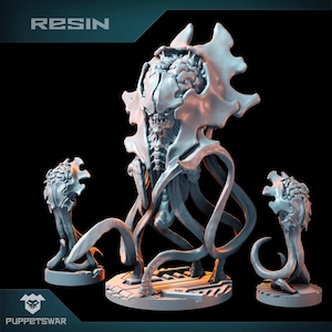 May include: A light grey resin miniature of a skeletal alien creature with a large head and tentacles. The miniature is accompanied by two smaller, similar figures. The word "RESIN" is at the top of the image.