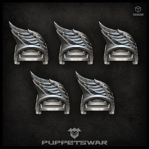 May include: Six silver-coloured, winged helmet-shaped pieces with a textured surface. The pieces are arranged in two rows of three. The pieces are for use in a tabletop game.