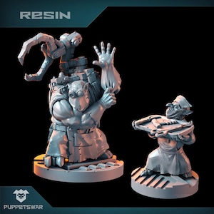 Puede incluir: Dos figuras de resina gris, una de una criatura parecida a un goblin que sostiene una bandeja con un par de tijeras y la otra de una criatura parecida a un goblin con un brazo mecánico y un cinturón de herramientas. El texto "RESIN" está en la parte superior de la imagen.