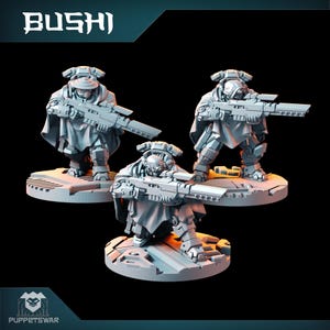 May include: Three grey miniature figures of futuristic soldiers, each holding a rifle. The figures are on a textured base. The word "Bushi" is at the top of the image.