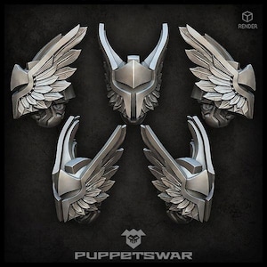 May include: Five detailed, silver-colored, 3D printed helmet designs with wings. Each helmet has a different wing design. The helmets are for tabletop gaming.