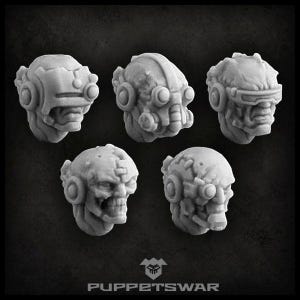 May include: Five grey plastic miniature heads with detailed facial features and futuristic helmets. The heads are designed for tabletop gaming or role-playing.
