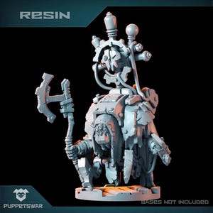 May include: A grey resin miniature of a steampunk-style creature with a large axe, gears, and pipes. The miniature is standing on a circular base. The text "RESIN" is in the top left corner of the image. The text "BASES NOT INCLUDED" is in the bottom right corner of the image.