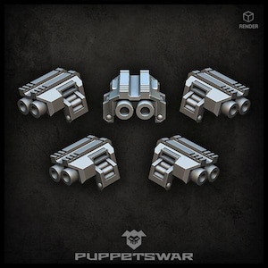 May include: Five gray, angular mechanical components arranged on a dark background. Each piece has multiple cylindrical openings and a stepped design. The word "RENDER" is in the top right corner. The Puppetswar logo and text are at the bottom.