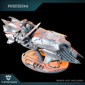 May include: A grey resin model of a futuristic spaceship with a rider holding a sword. The spaceship is on a circular base with a textured surface. The text "RESIN" is in the top left corner of the image. The text "BASES NOT INCLUDED" is in the bottom right corner of the image.