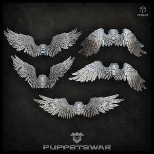 May include: Five pairs of silver-colored angel wings with a detailed feathered design. The wings are arranged in a staggered pattern against a dark gray background. The wings are for use in miniature wargaming.