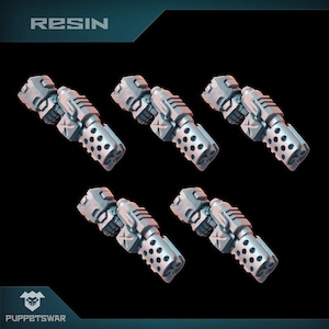 May include: Five grey resin miniature gun models. Each gun features a detailed design with a cylindrical barrel and various mechanical components. The word "RESIN" is at the top of the image, and the logo "PUPPETSWAR" is at the bottom.