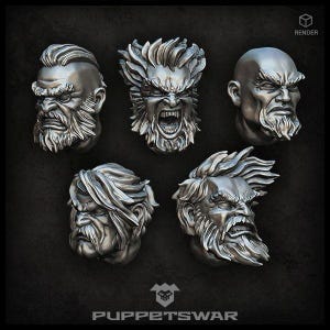 May include: Five detailed, silver-coloured, 3D printed character heads with different facial expressions. The heads are all facing forward and have a variety of hairstyles and facial hair.