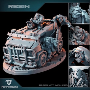 May include: A grey resin model of a futuristic vehicle with four orcs. The vehicle has a large grille, a flatbed, and a large, round weapon on the roof. The orcs are holding weapons and are wearing armour. The model is labelled "RESIN" and "BASES NOT INCLUDED".