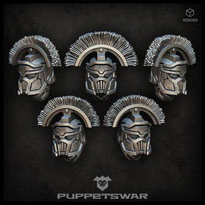 May include: Five silver-toned, futuristic helmets with detailed crests and facial features are displayed against a dark backdrop. The helmets have an armoured appearance, with the word "RENDER" in the top right and the logo and text "PUPPETSWAR" at the bottom.