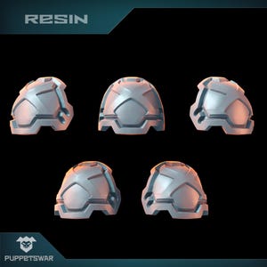 May include: Six white plastic shoulder pads with a geometric design. The pads are arranged in two rows of three. The word "RESIN" is printed in black at the top of the image.