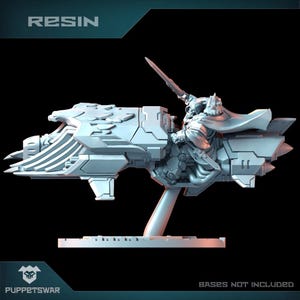 May include: A grey resin model of a futuristic spaceship with a pilot figure. The spaceship has a long, pointed nose and a large, flat wing. The pilot is sitting in the cockpit and holding a sword. The model is on a base and the text "RESIN" is visible in the top left corner.