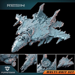 Könnte beinhalten: Detailliertes Resin-Modell eines futuristischen Kampfjets mit komplizierten Oberflächendetails und einem Cockpit mit einer Pilotenfigur. Das Modell ist grau und hat mehrere scharfe, gezackte Vorsprünge. Das Wort "RESIN" steht oben und "MULTI-UNIT SET" unten.