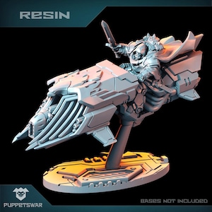 May include: A grey 3D printed model of a futuristic spaceship with a rider holding a sword. The spaceship has a long, pointed nose and a large, open cockpit. The rider is wearing a helmet and a cape. The model is on a circular base. The text "RESIN" is in the top left corner of the image. The text "BASES NOT INCLUDED" is in the bottom right corner of the image.